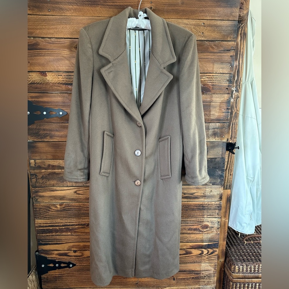 Ashley Scott Petite 100% Wool Long Coat Taupe Brown Classic Tailored USA Made